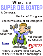 A ''Superdelegate'' is a person who is chosen as a delegate to the Democratic party's presidential nominating convention because of his or her status as a leader or official within the party and who is free to vote for any candidate regardless of the results of the popular vote in primary elections and caucuses preceding the convention. Republicans do not have ''Superdelegates''.